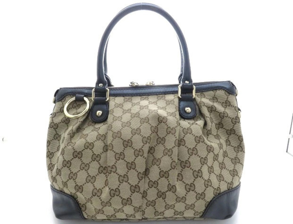 Gucci GG Canvas Shoulder Bag Dark Brown Beige Cream Leather